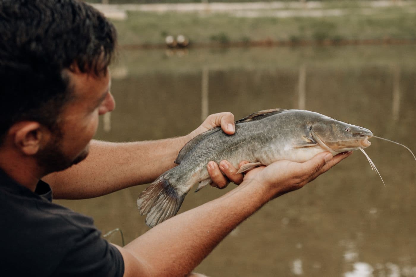 Pescador sosteniendo un bagre recién capturado junto al río